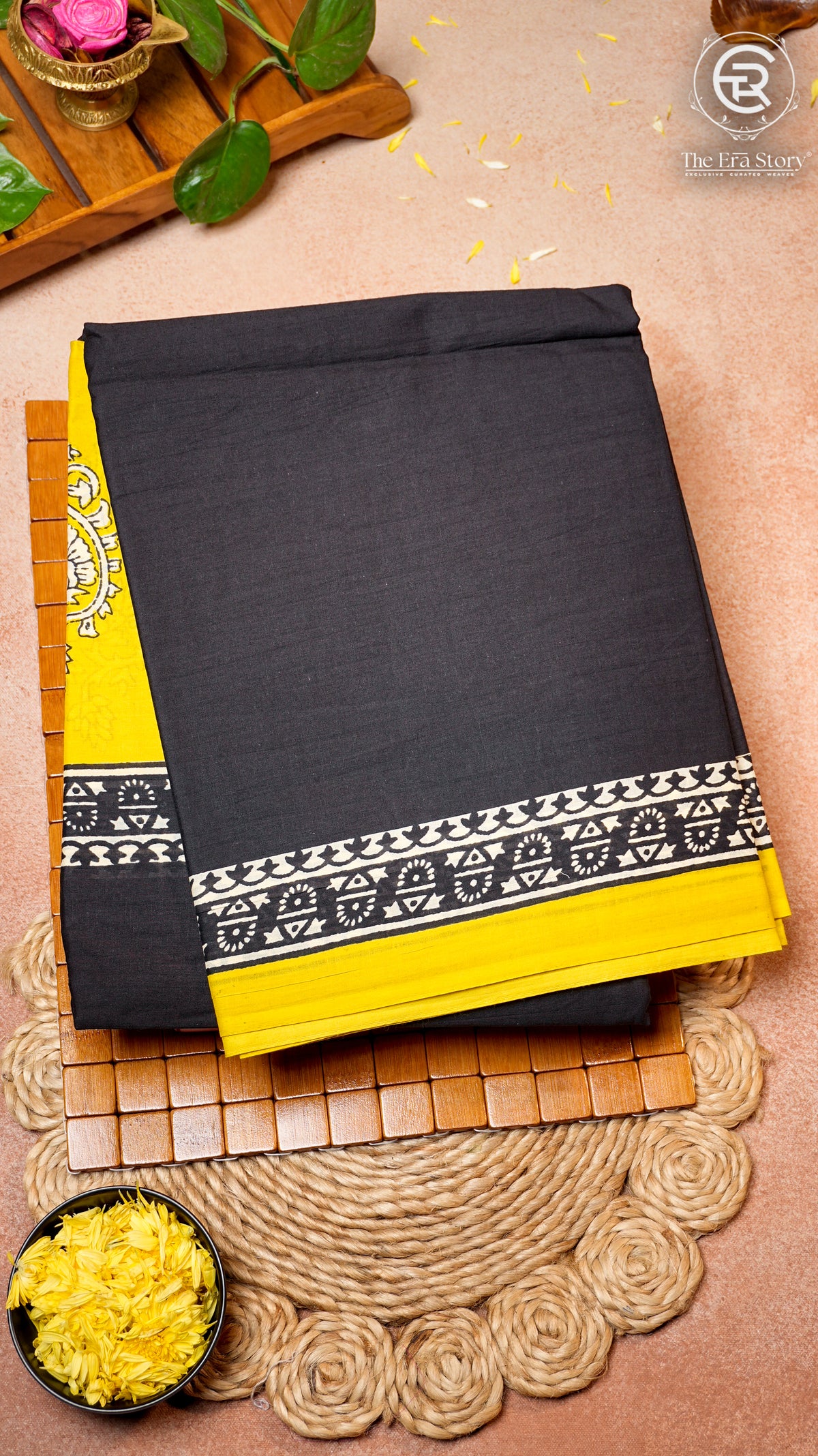 Black & Bright Yellow Geometric Handblocked Pure Cotton Saree