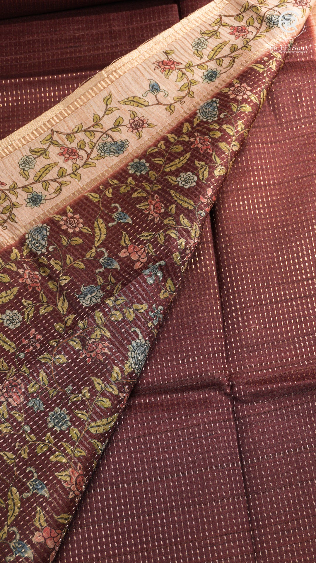 Brown & Beige Floral Border Kantha Matka Tussar Silk Saree