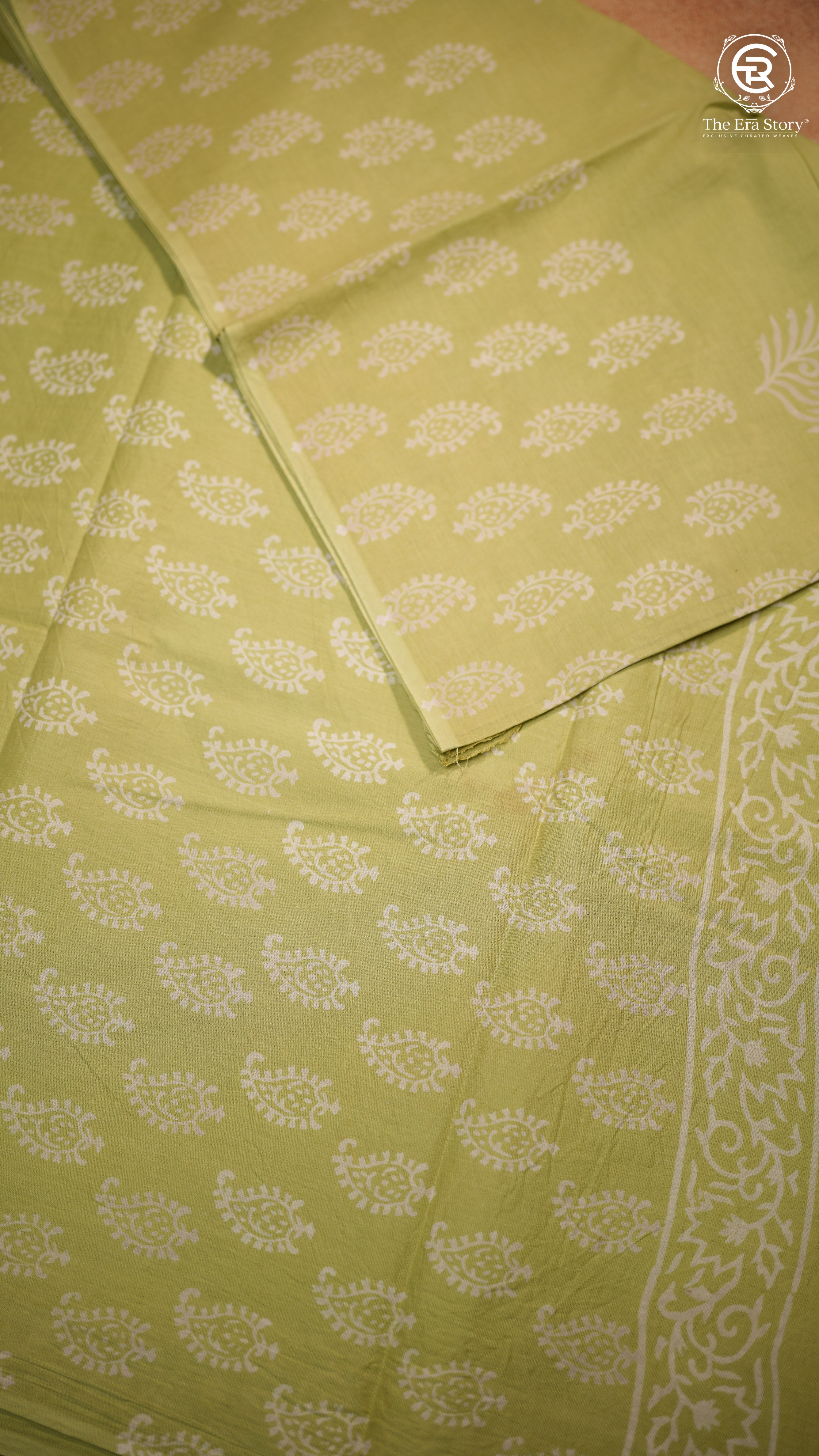 Pale Green Floral Handblocked Pure Mul Cotton Saree