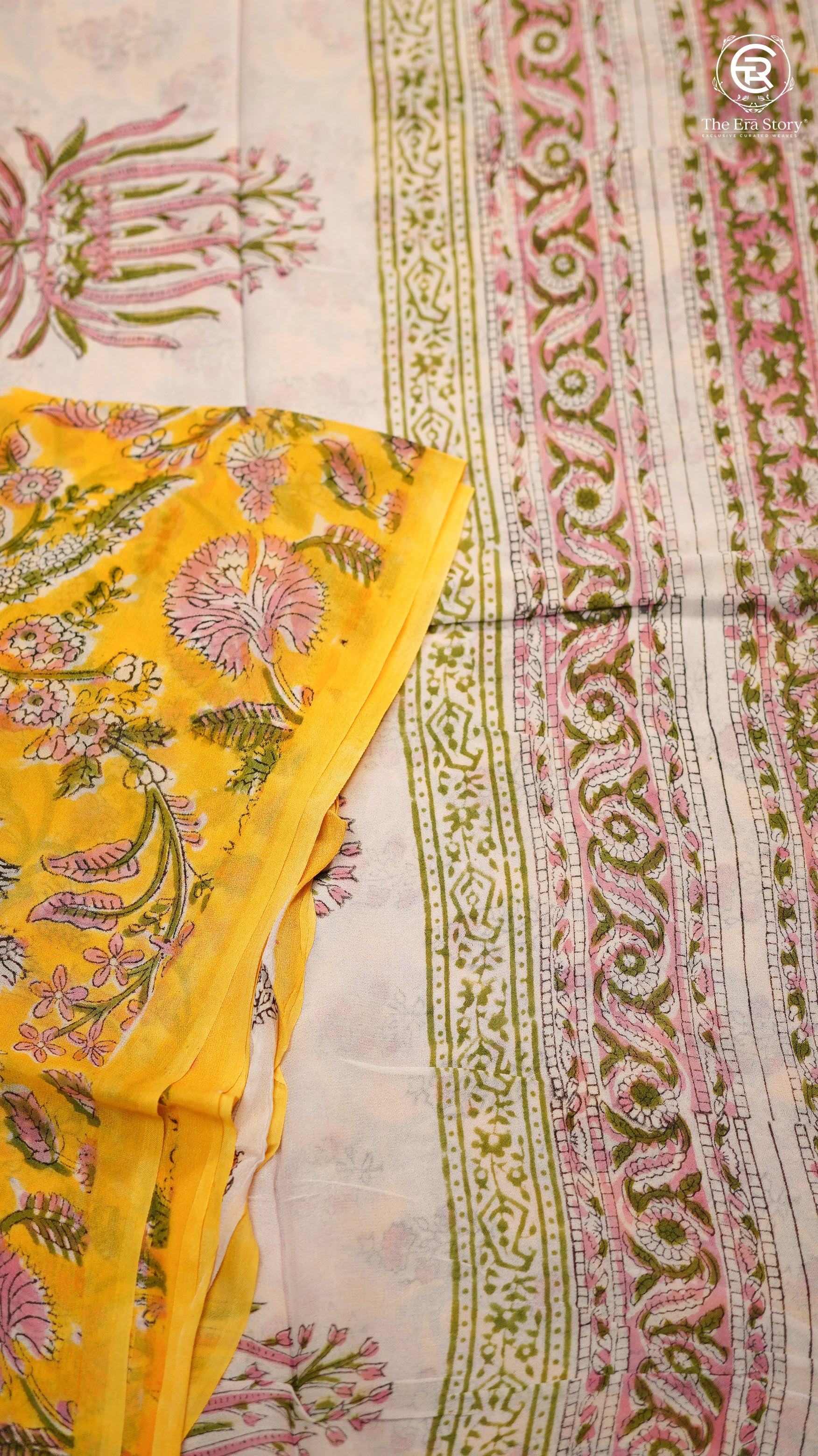 Yellow & Pink Floral Vine Handblocked Pure Georgette Saree