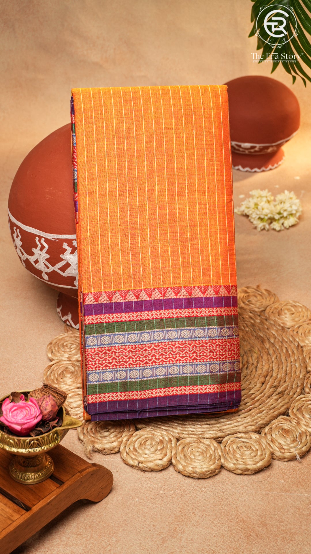 Orange Line Patterned Temple Border Handloom Narayanpet Cotton Saree