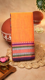 Orange Line Patterned Temple Border Handloom Narayanpet Cotton Saree