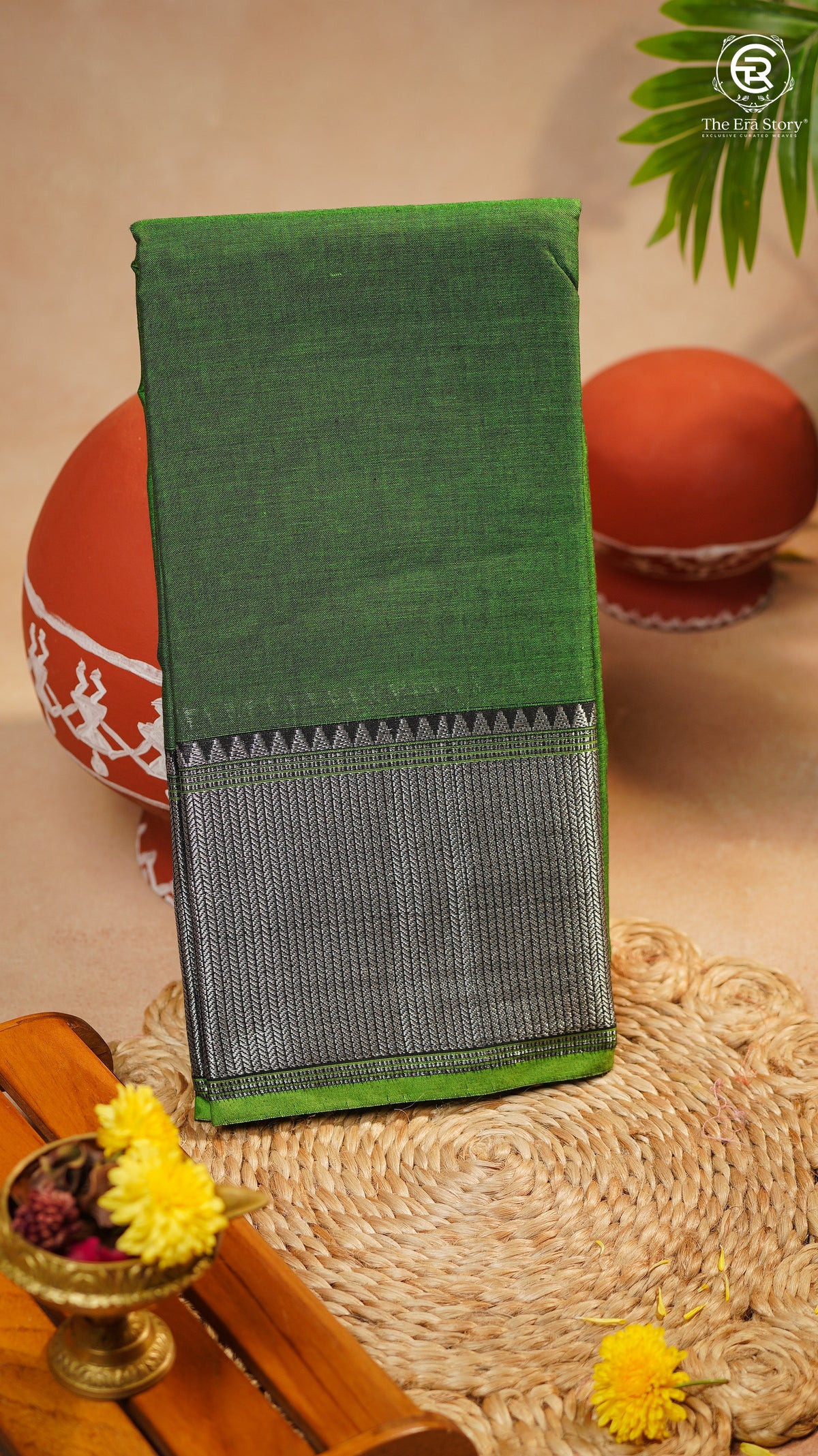 Green Silver Checkered Zari Border Handloom Narayanpet Cotton Saree
