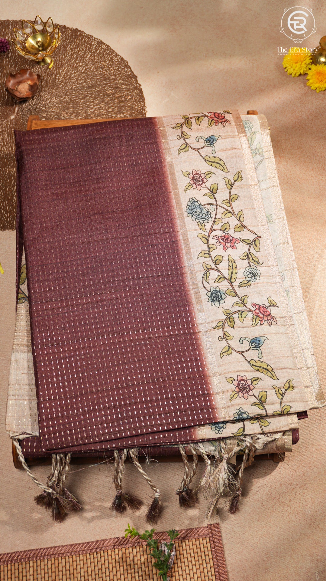 Brown & Beige Floral Border Kantha Matka Tussar Silk Saree