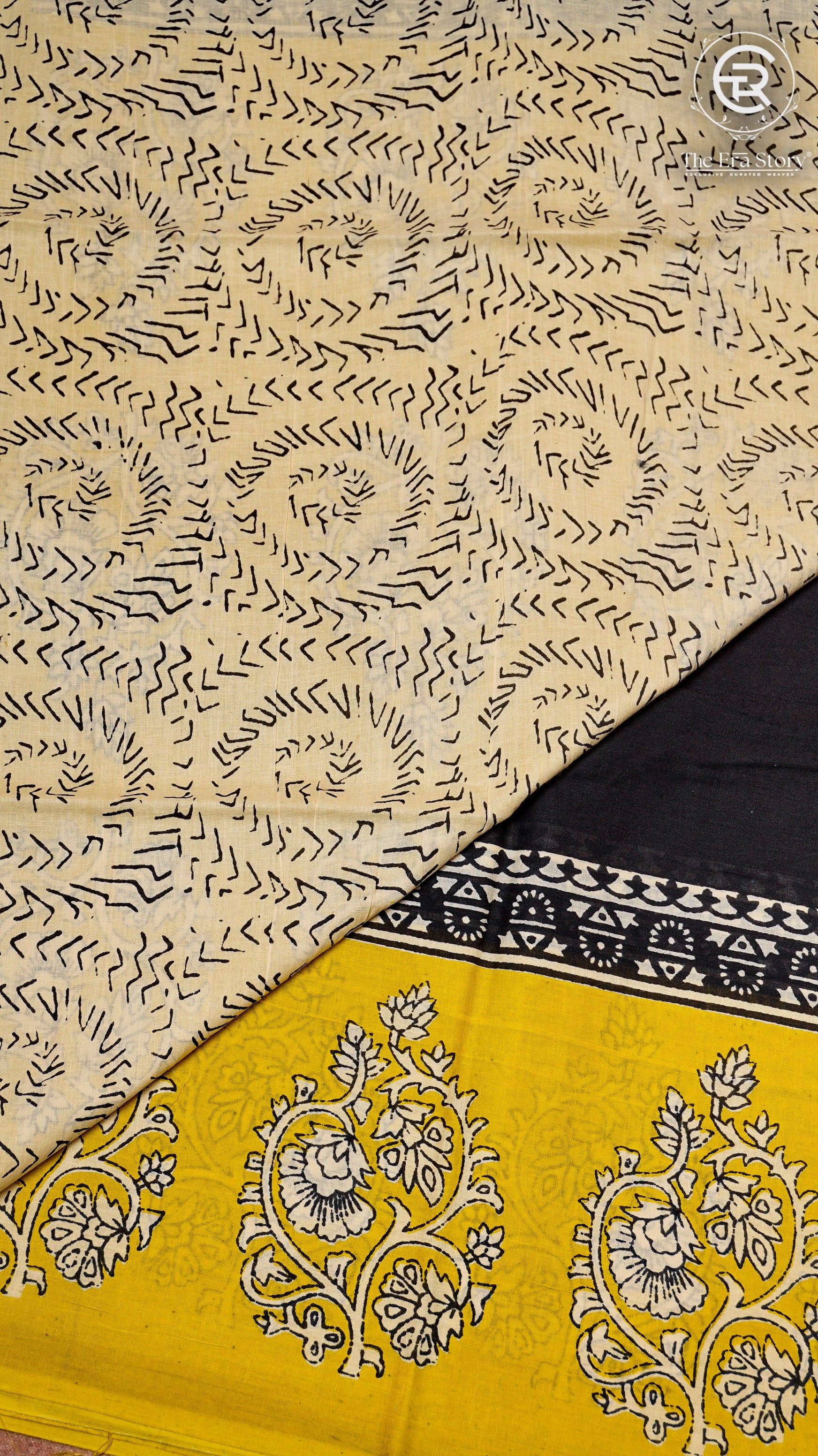 Black & Bright Yellow Geometric Handblocked Pure Cotton Saree