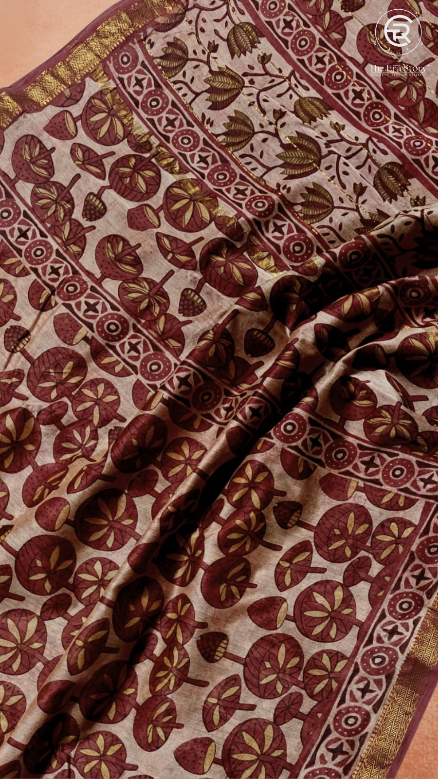 Beige & Maroon Lotus Leaf Handblocked Pure Maheshwari Cotton Sarees