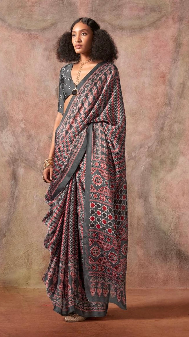 Black Ajrakh Satin Georgette Silk Saree