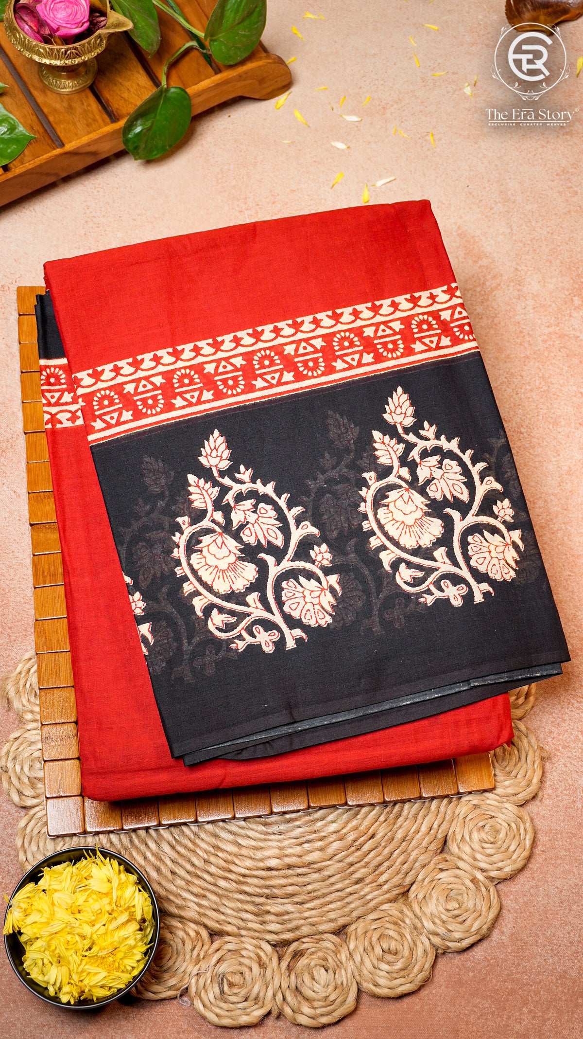 Red and Black Floral Handblocked Pure Cotton Saree