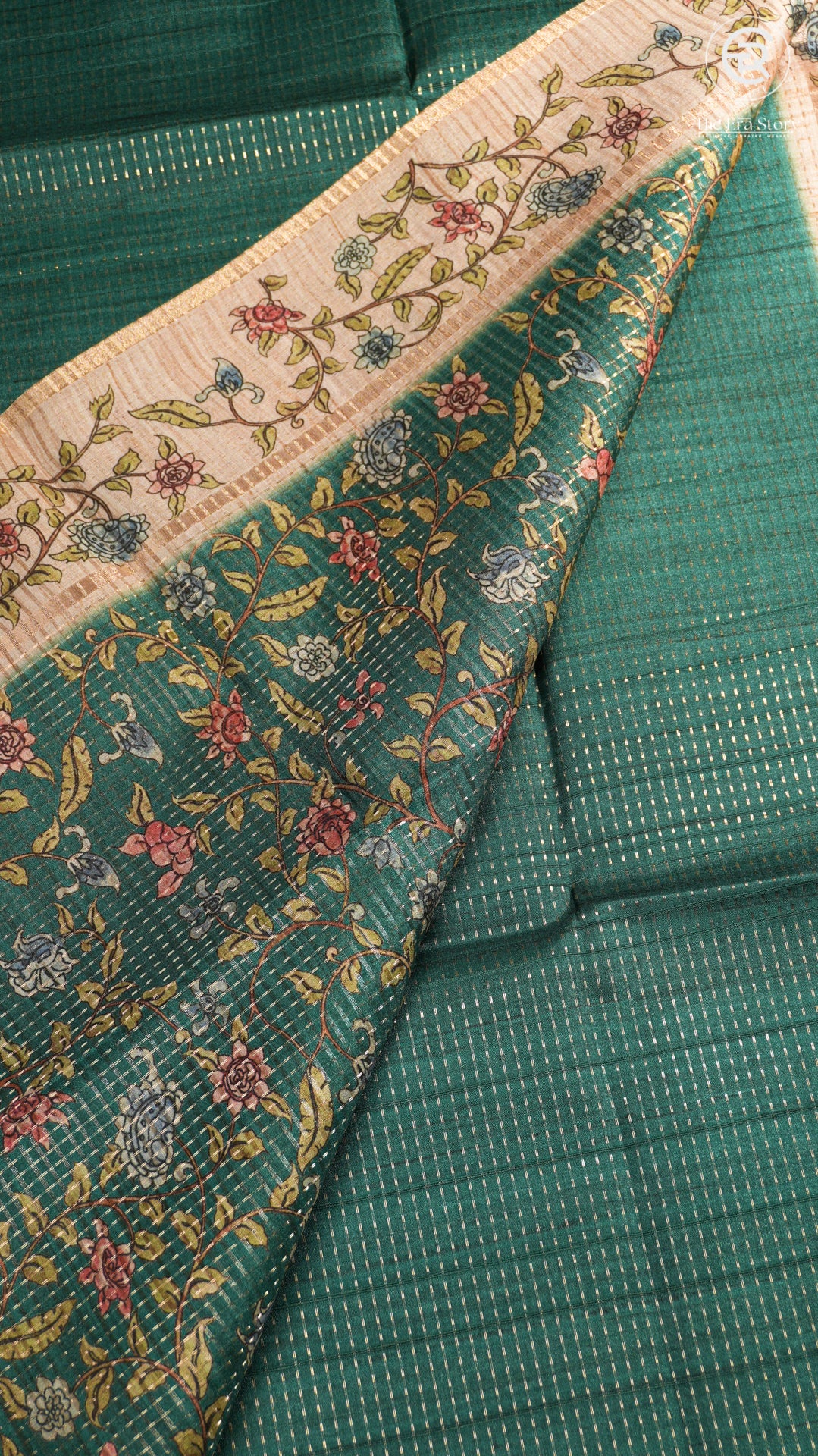 Green & Beige Floral Border Kantha Matka Tussar Silk Saree
