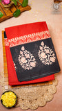 Red and Black Floral Handblocked Pure Cotton Saree