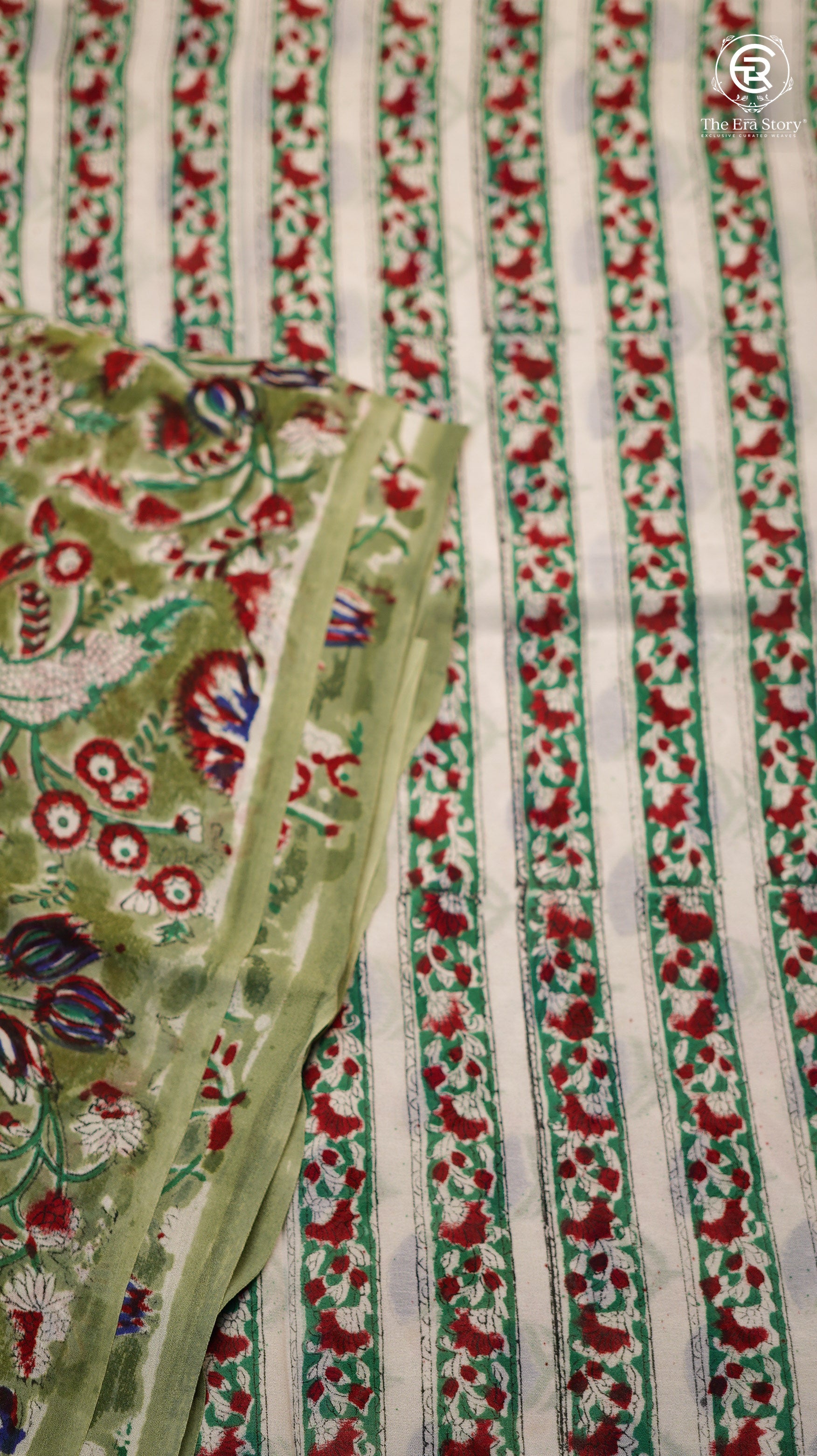 Sage Green & Red Floral Vine Handblocked Pure Georgette Saree