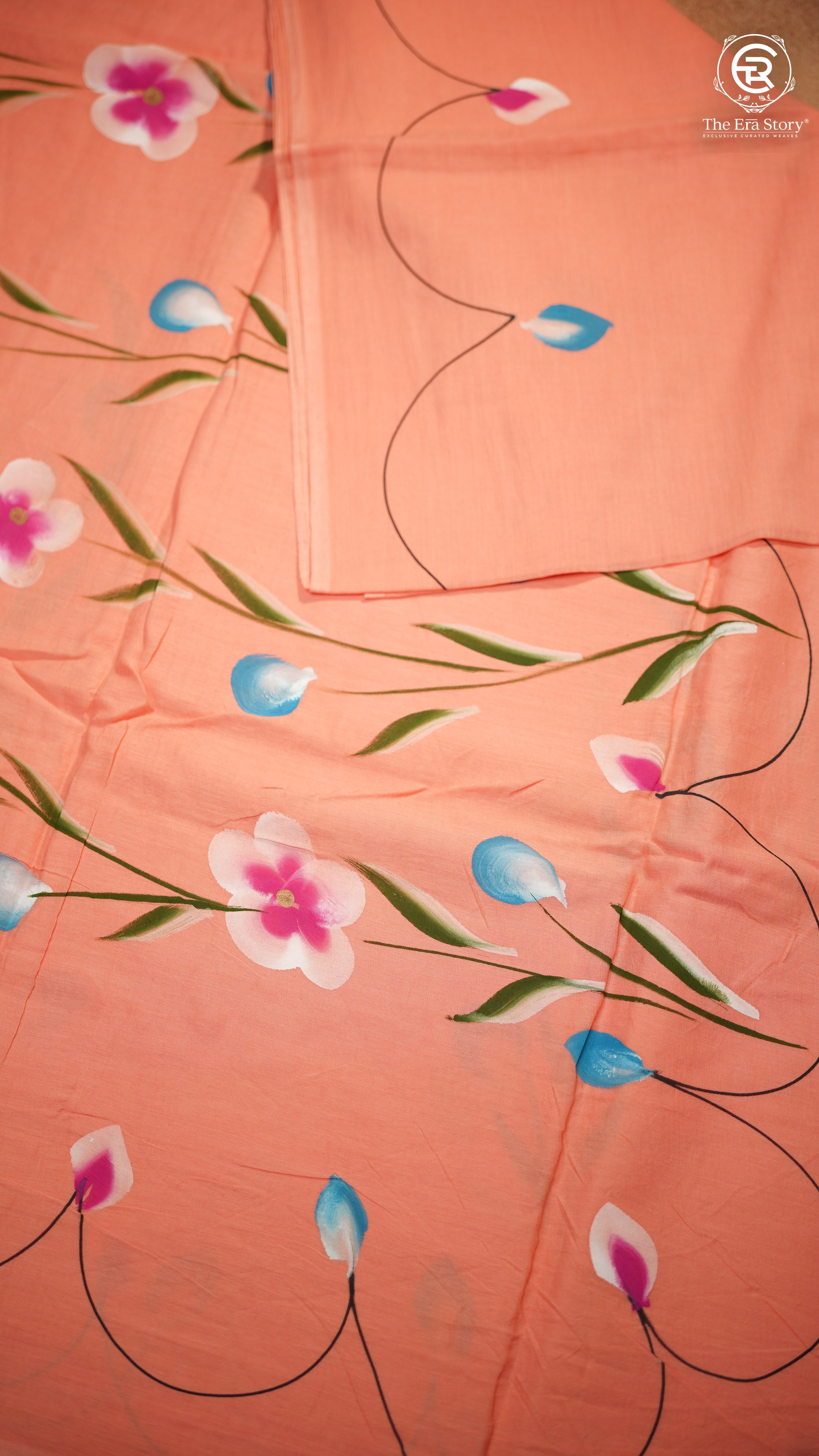 Peach Multi Color Floral Vine Handblocked Pure Mul Cotton Saree