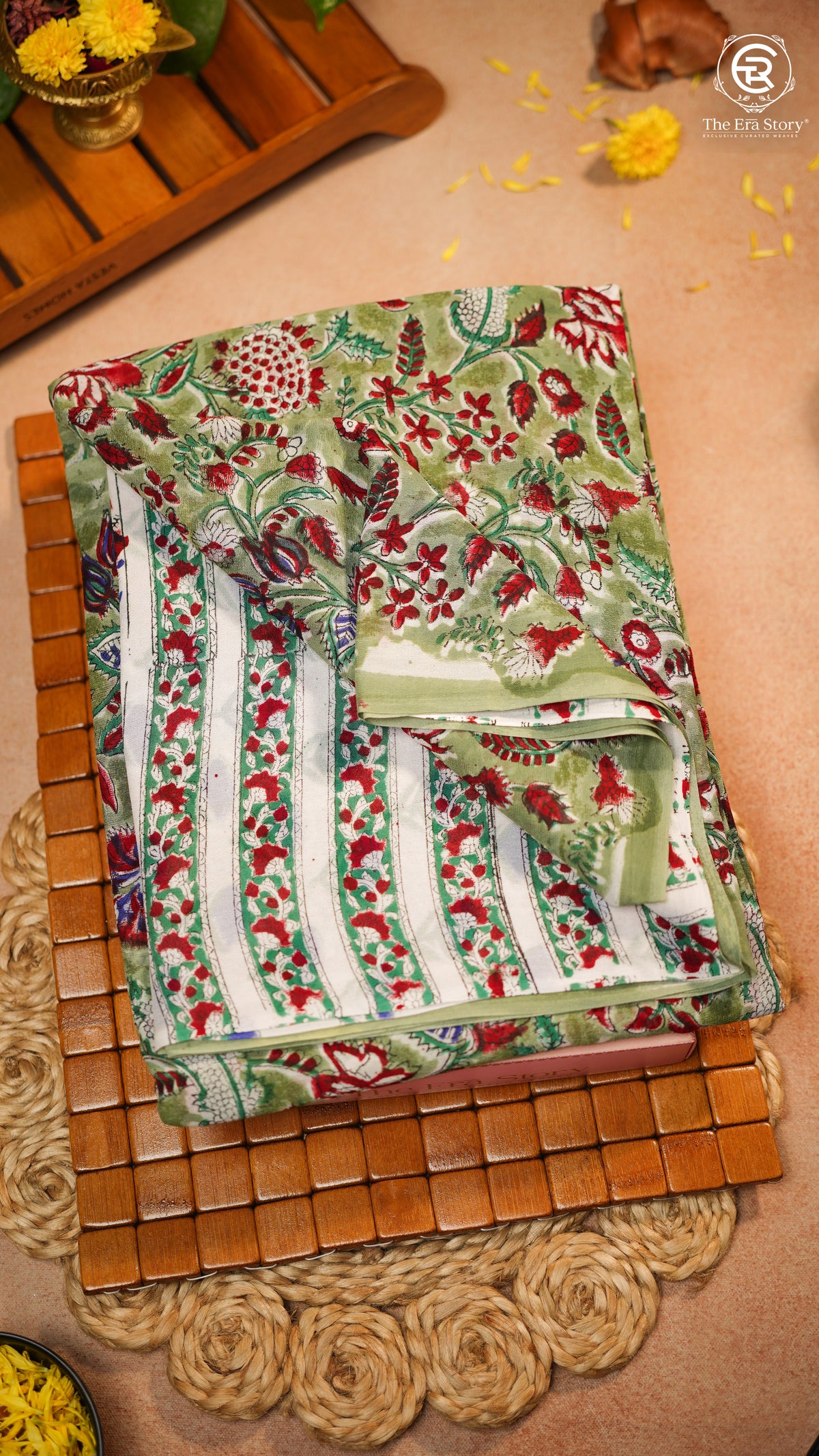 Sage Green & Red Floral Vine Handblocked Pure Georgette Saree