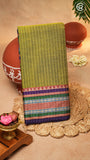 Moss Green Line Patterned Temple Border Handloom Narayanpet Cotton Saree