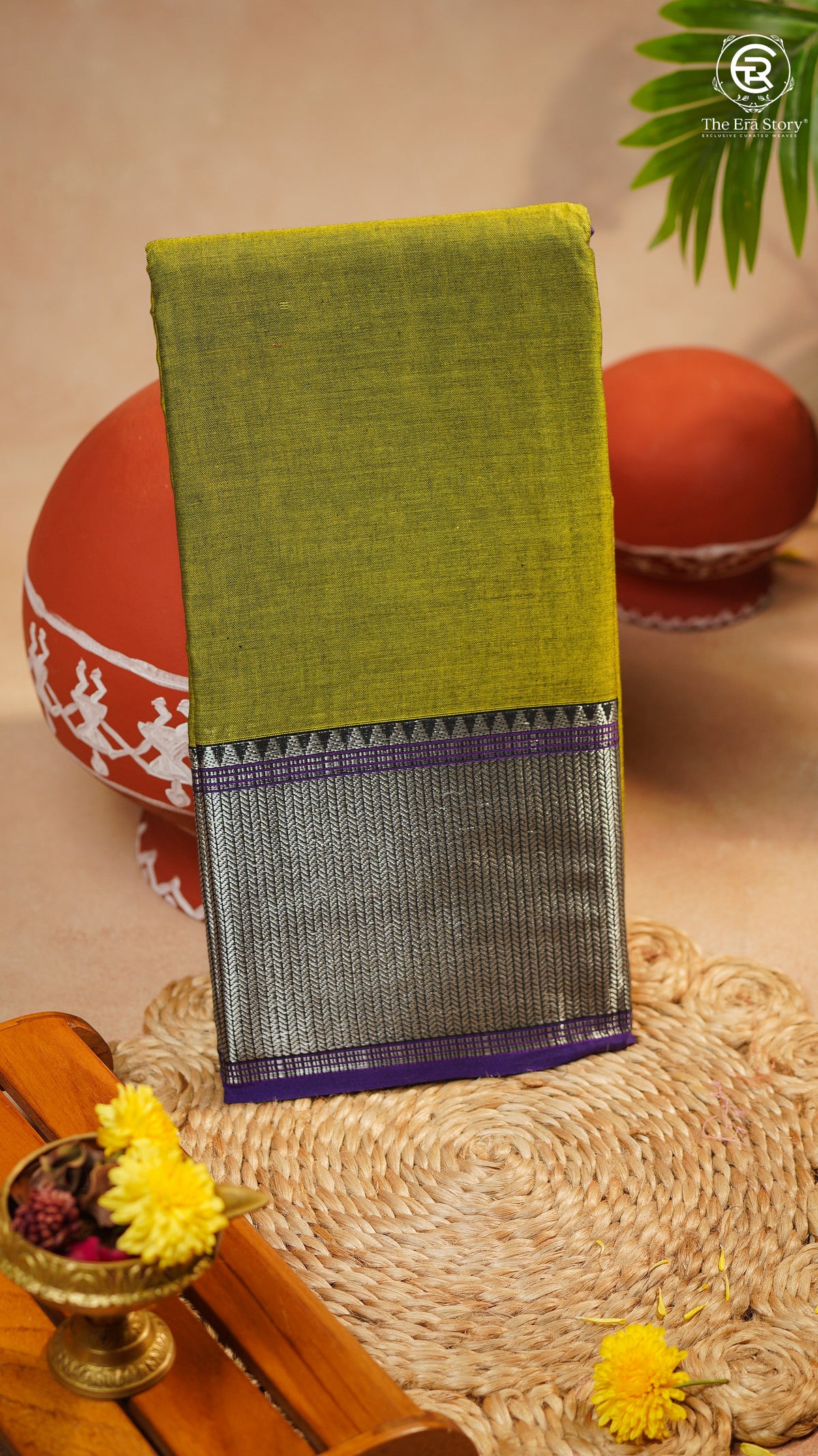 Olive Green & Blue Silver Checkered Zari Border Handloom Narayanpet Cotton Saree