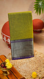 Olive Green & Blue Silver Checkered Zari Border Handloom Narayanpet Cotton Saree