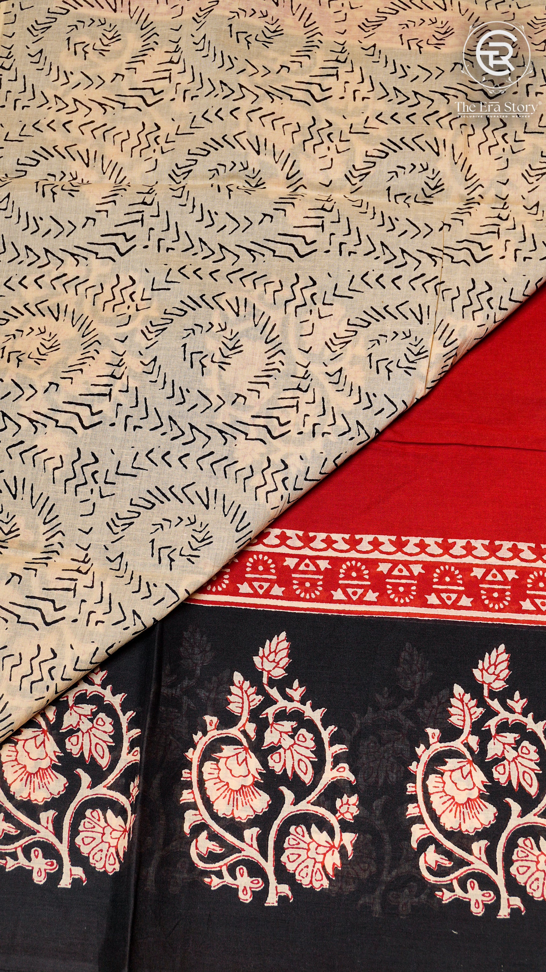 Red and Black Floral Handblocked Pure Cotton Saree