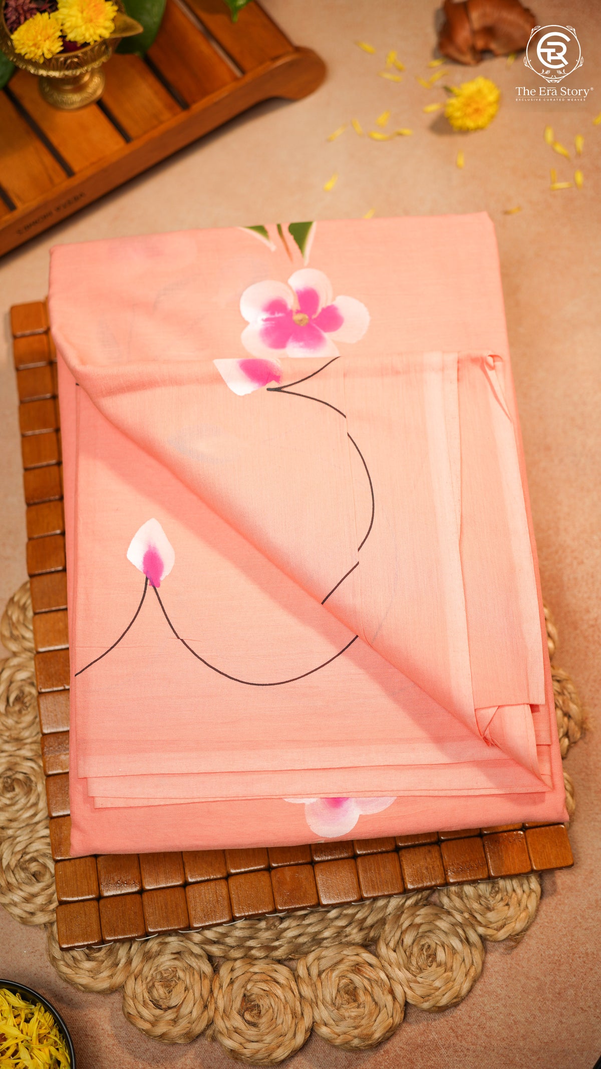 Peach Multi Color Floral Vine Handblocked Pure Mul Cotton Saree