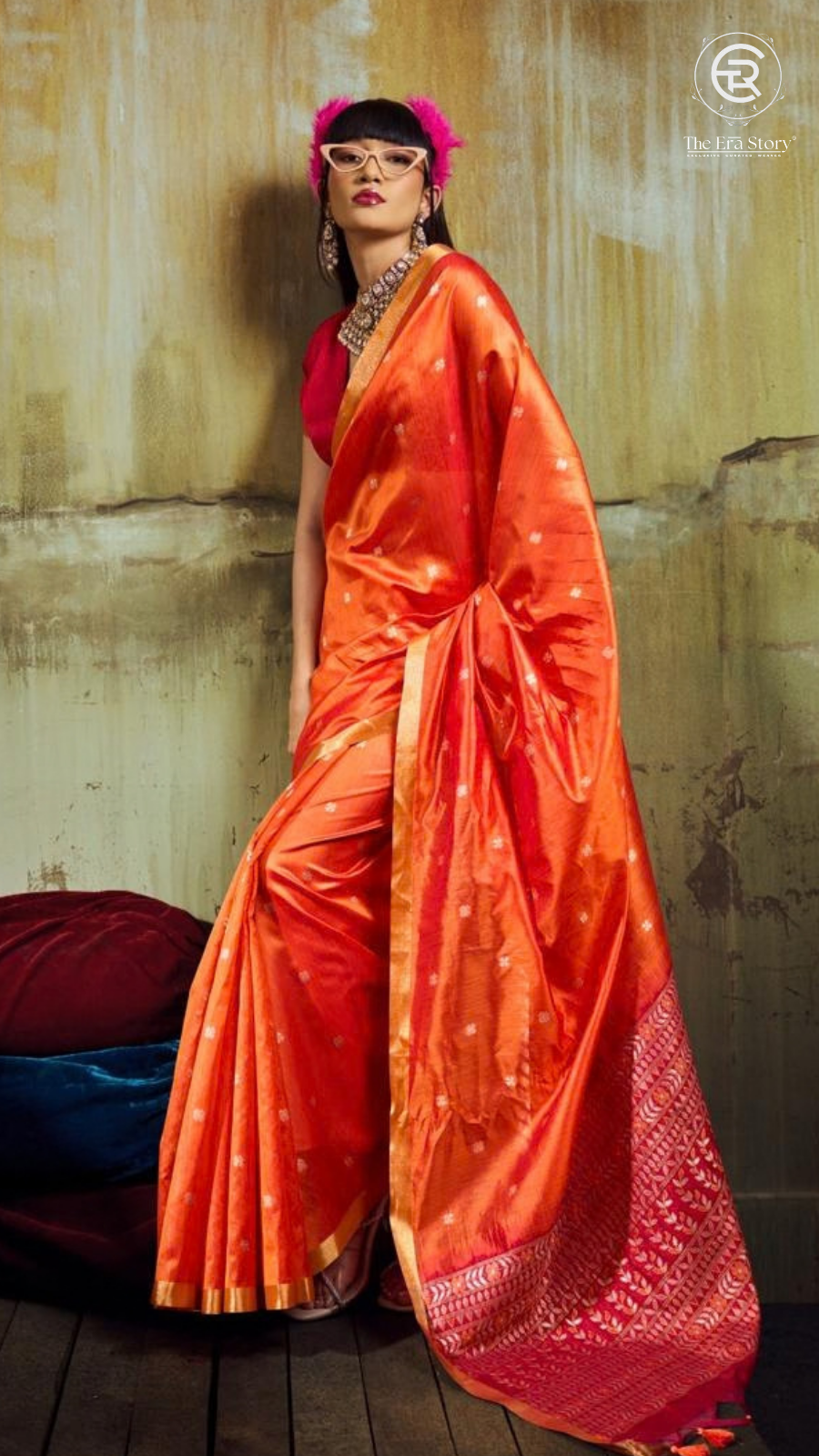 Orange & Red Floral Tussar Silk Saree