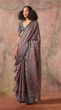 Black Ajrakh Satin Georgette Silk Saree