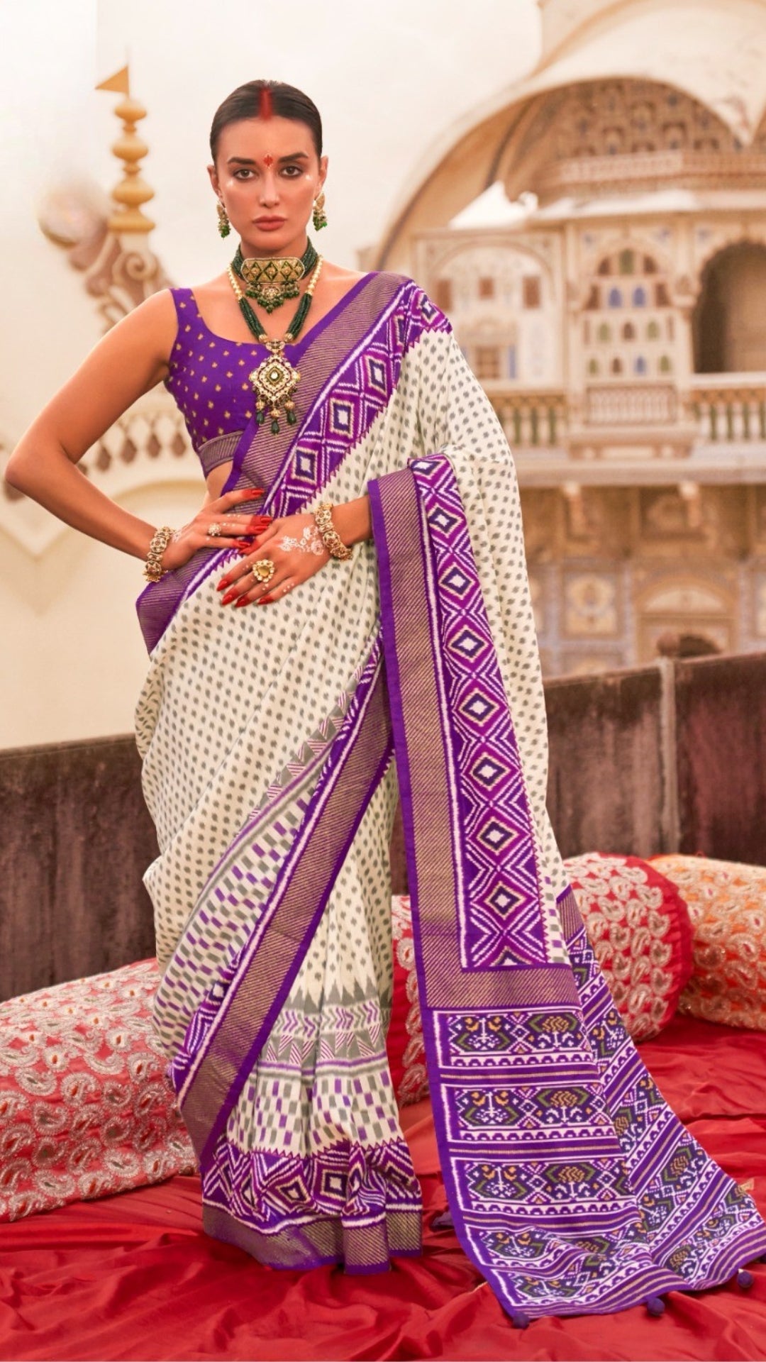 White and Purple Ikkat Patola Crepe Banarasi Saree