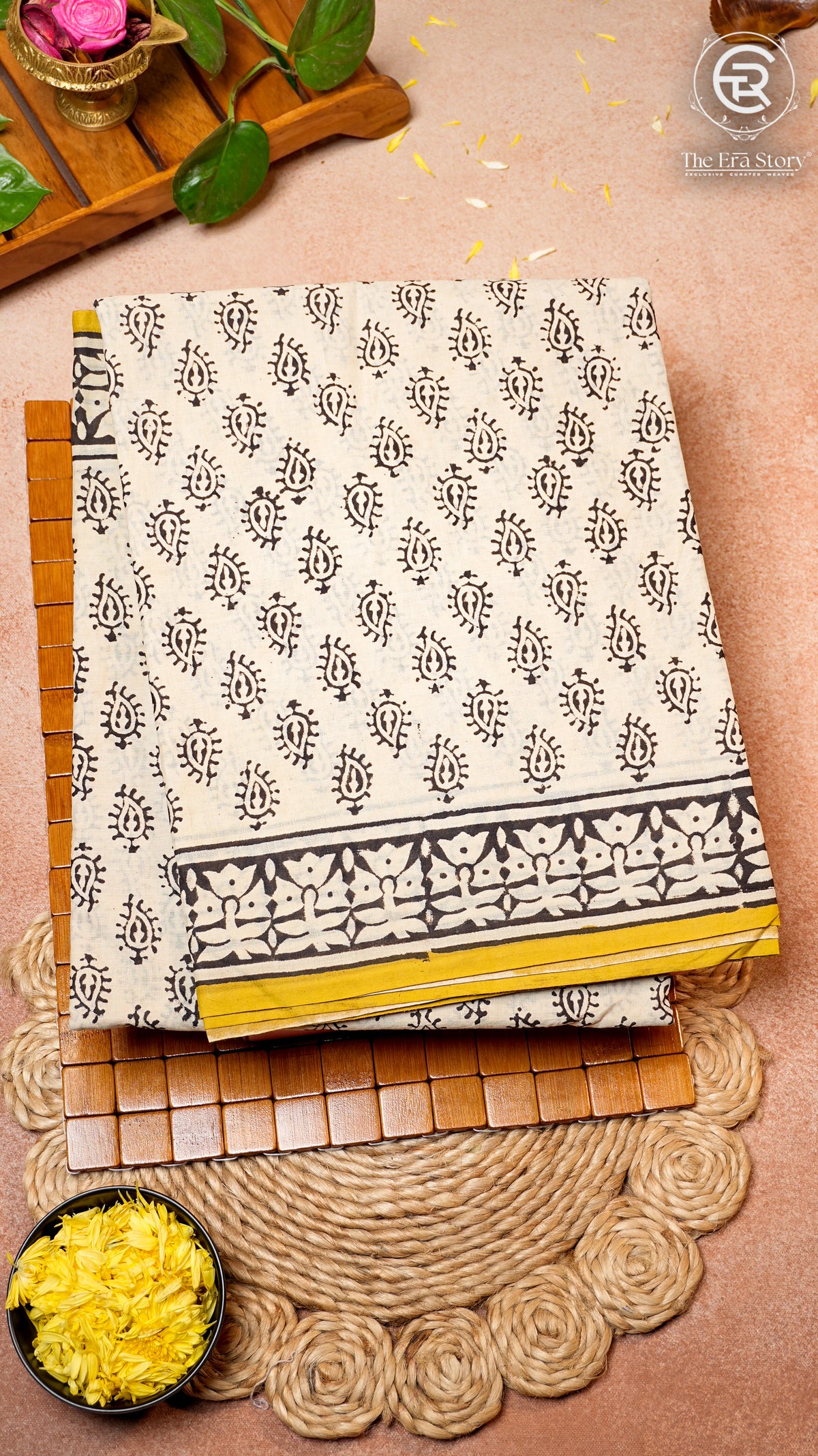 White and Yellow Floral Handblocked Pure Cotton Saree