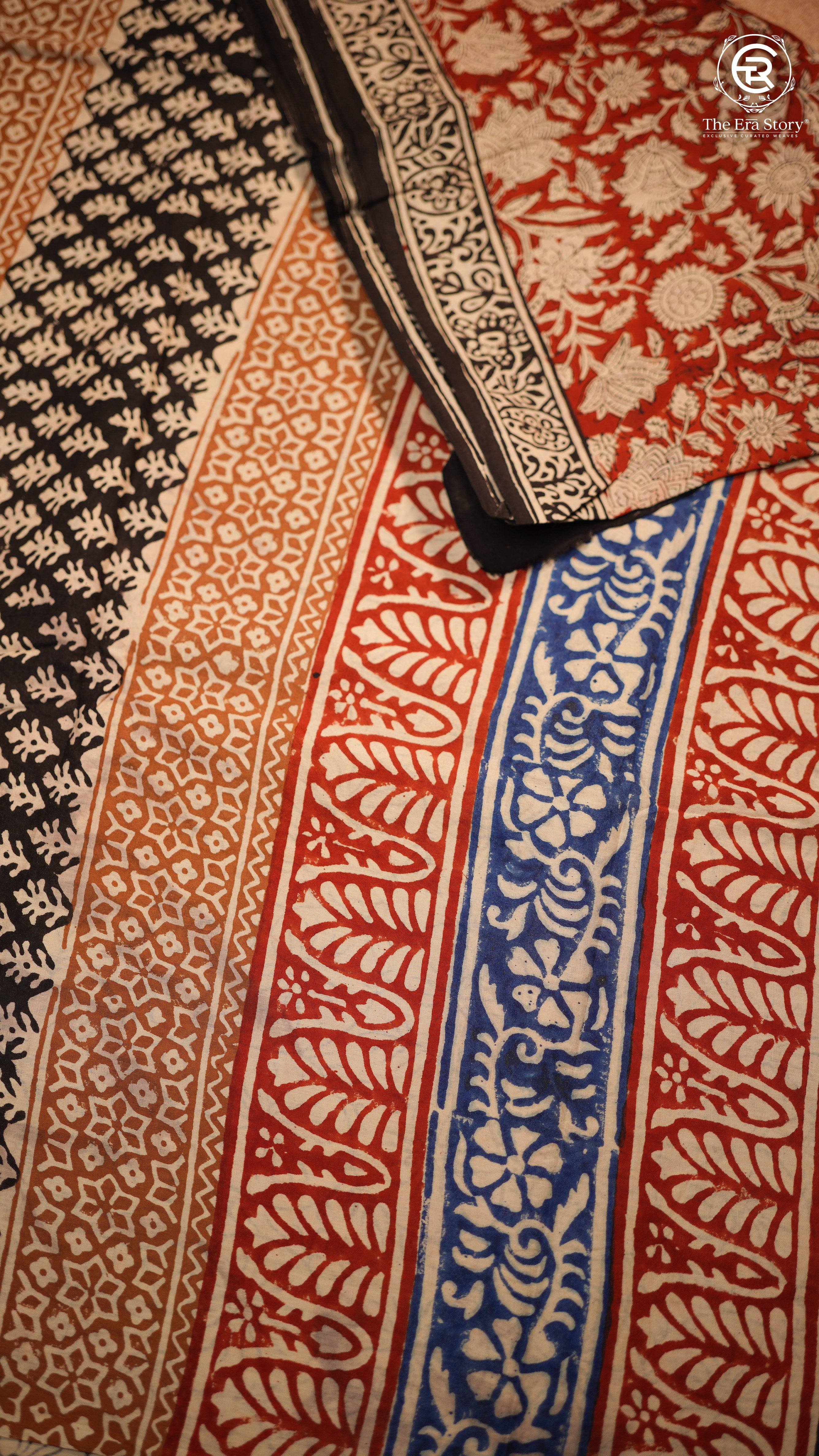 Red, White & Black Multi Color Floral Vine Handblocked Pure Mul Cotton Saree