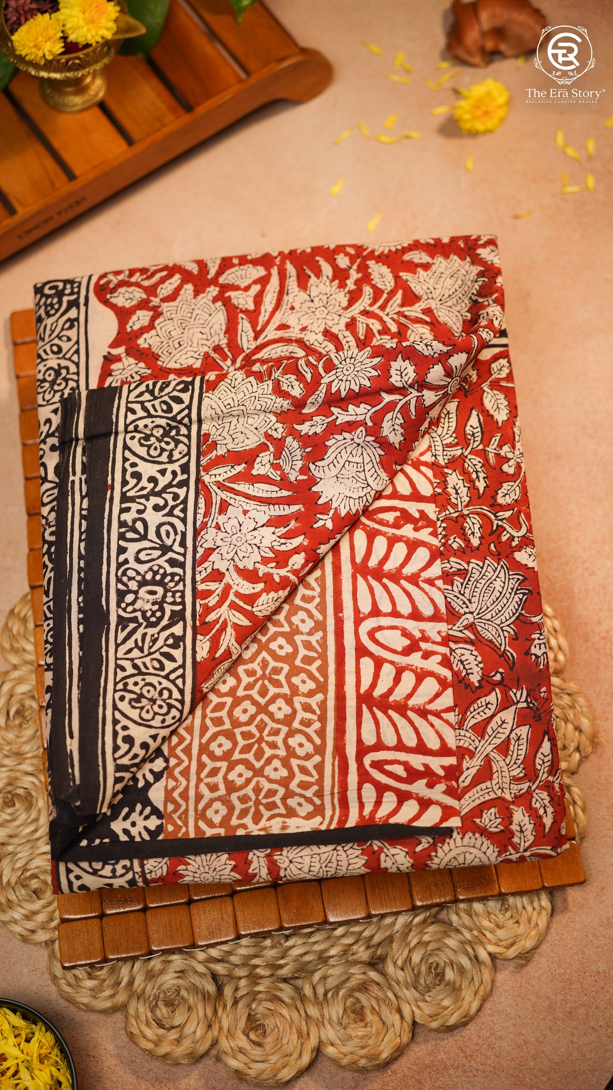 Red, White & Black Multi Color Floral Vine Handblocked Pure Mul Cotton Saree