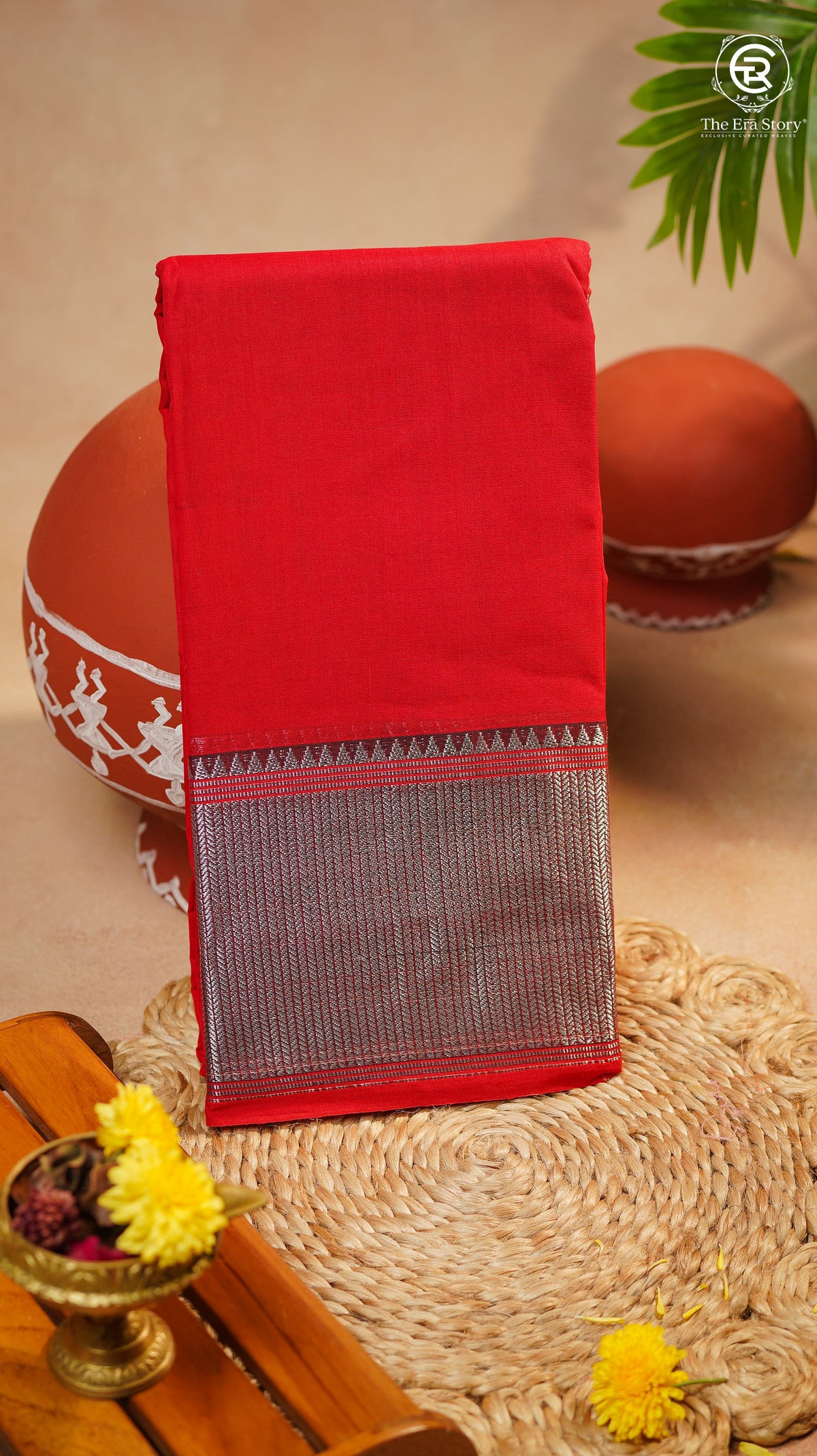 Red Orange Silver Checkered Zari Border Handloom Narayanpet Cotton Saree