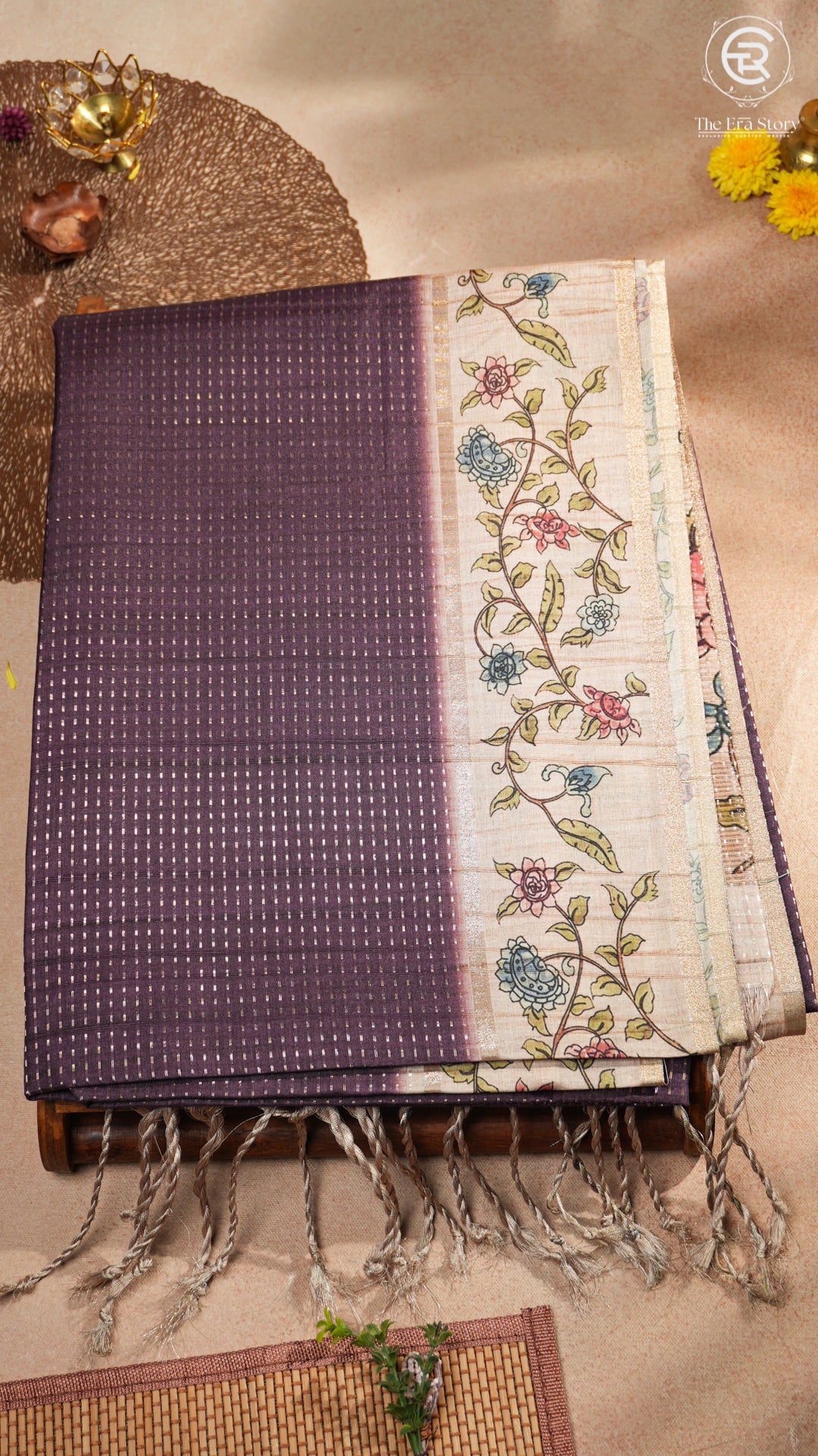 Plum Violet & Beige Floral Border Kantha Matka Tussar Silk Saree
