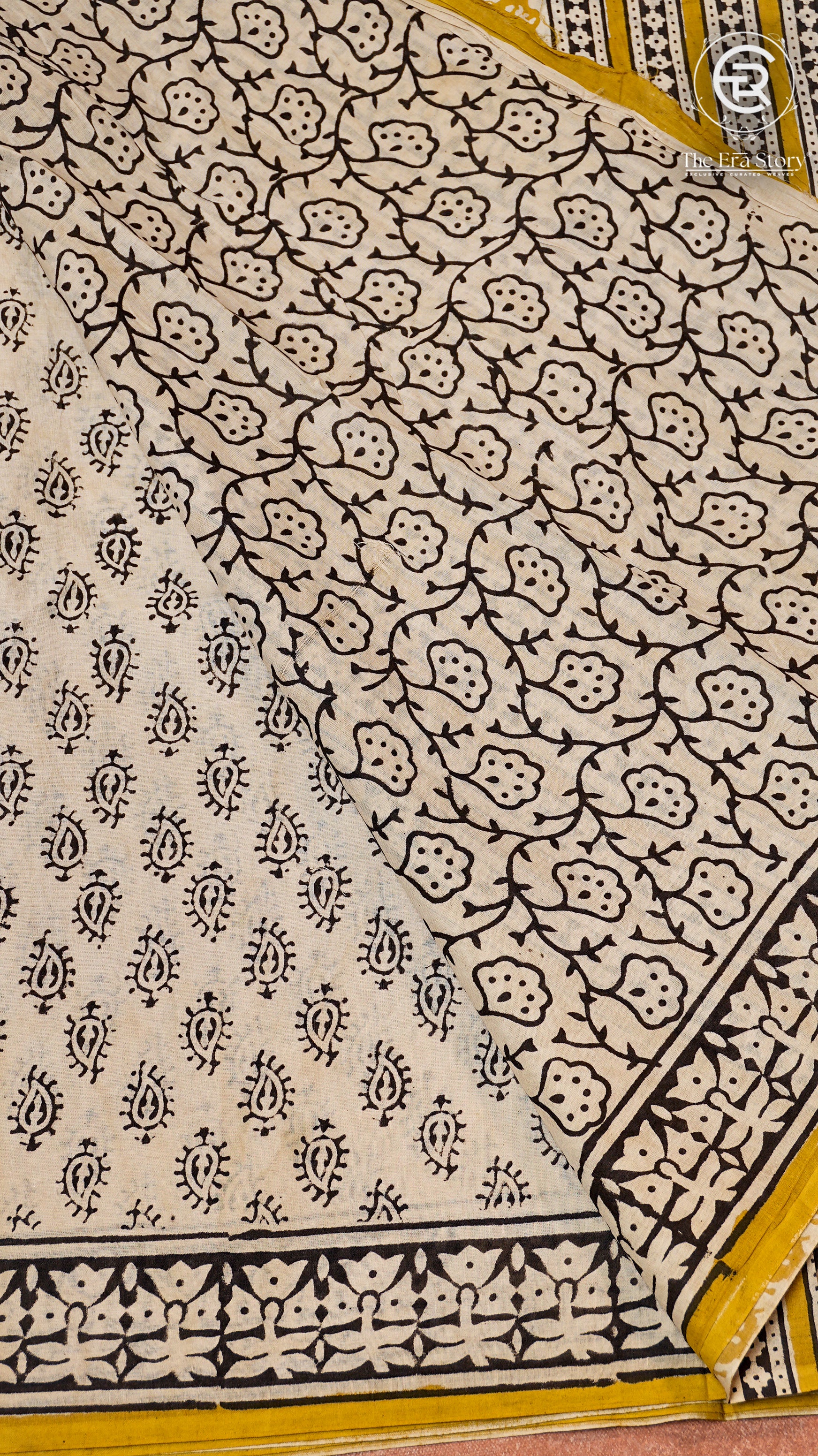White and Yellow Floral Handblocked Pure Cotton Saree