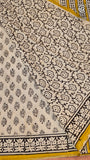 White and Yellow Floral Handblocked Pure Cotton Saree