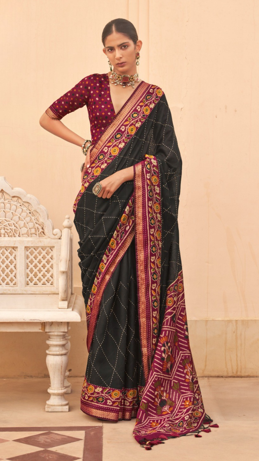 Black and Red Kantha Floral Diamond Soft Cotton Saree