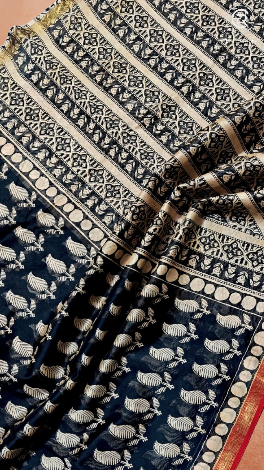 Black White & Red Mango Leaf Handblocked Pure Maheshwari Cotton Sarees