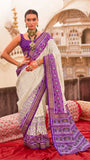 White and Purple Ikkat Patola Crepe Banarasi Saree
