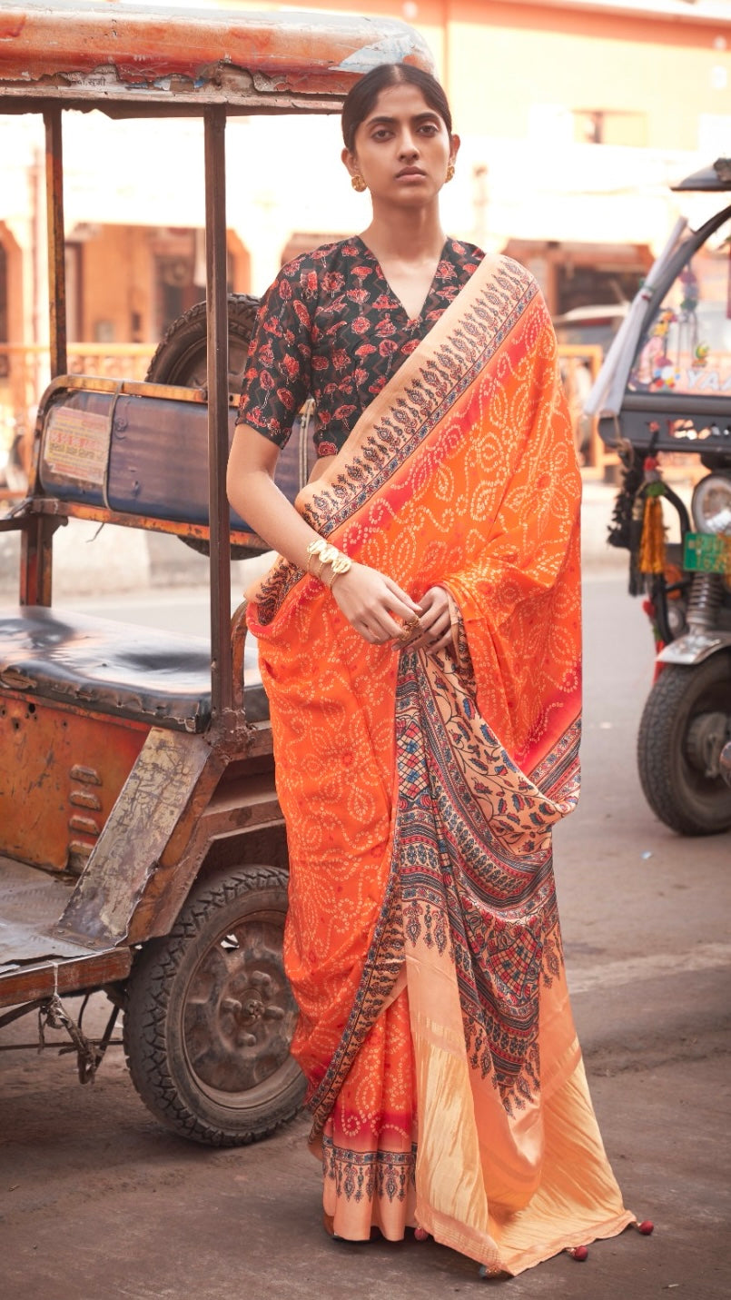 Orange and Beige Floral Bandhini Gajji Silk Saree