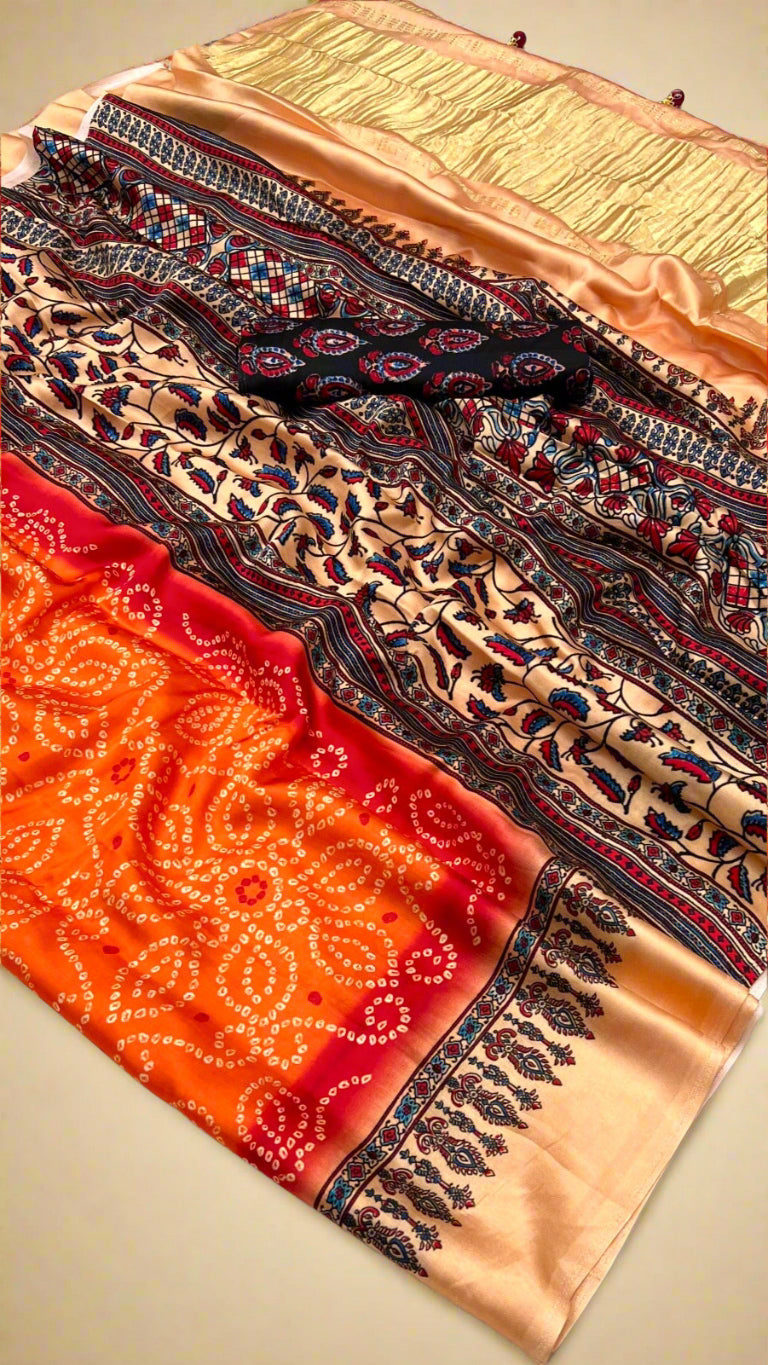 Orange and Beige Floral Bandhini Gajji Silk Saree