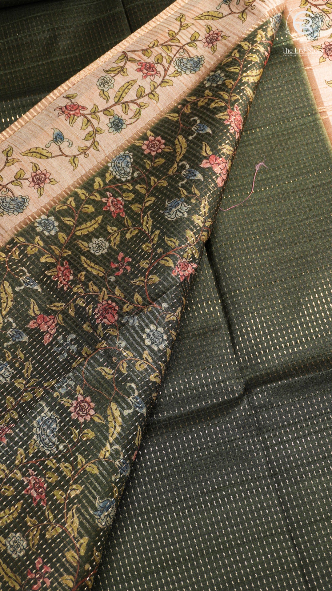 Sage Green & Beige Floral Border Kantha Matka Tussar Silk Saree