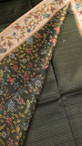 Sage Green & Beige Floral Border Kantha Matka Tussar Silk Saree