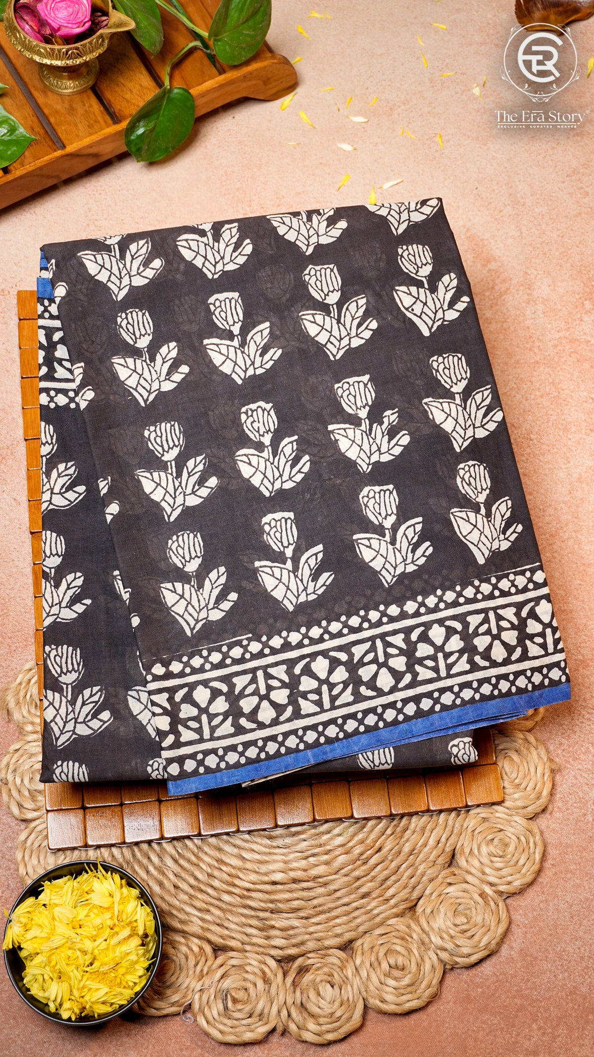 Black and Blue Floral Handblocked Pure Cotton Saree