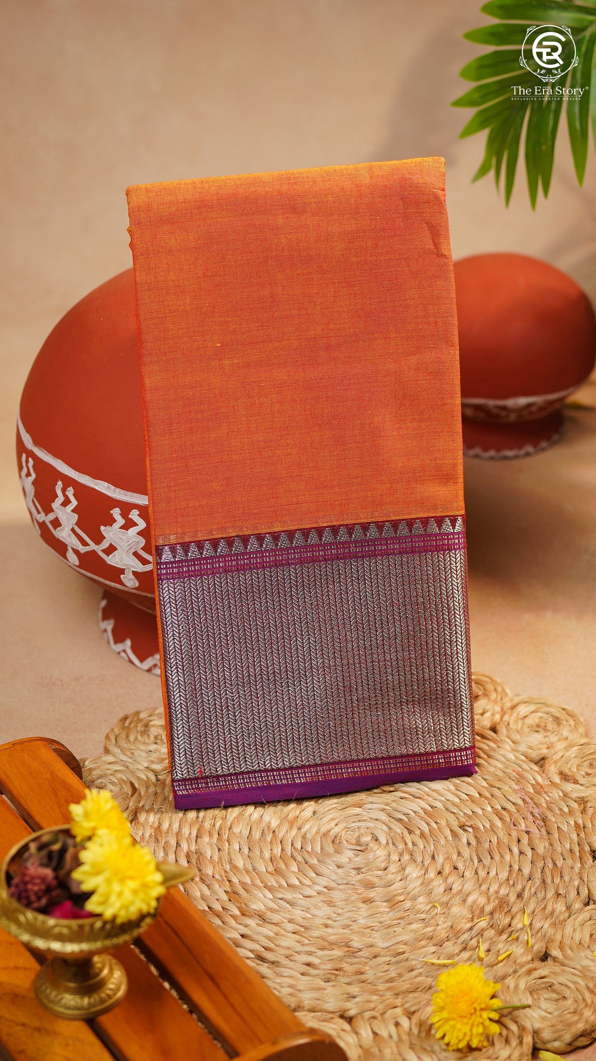 Orange & Purple Silver Checkered Zari Border Handloom Narayanpet Cotton Saree