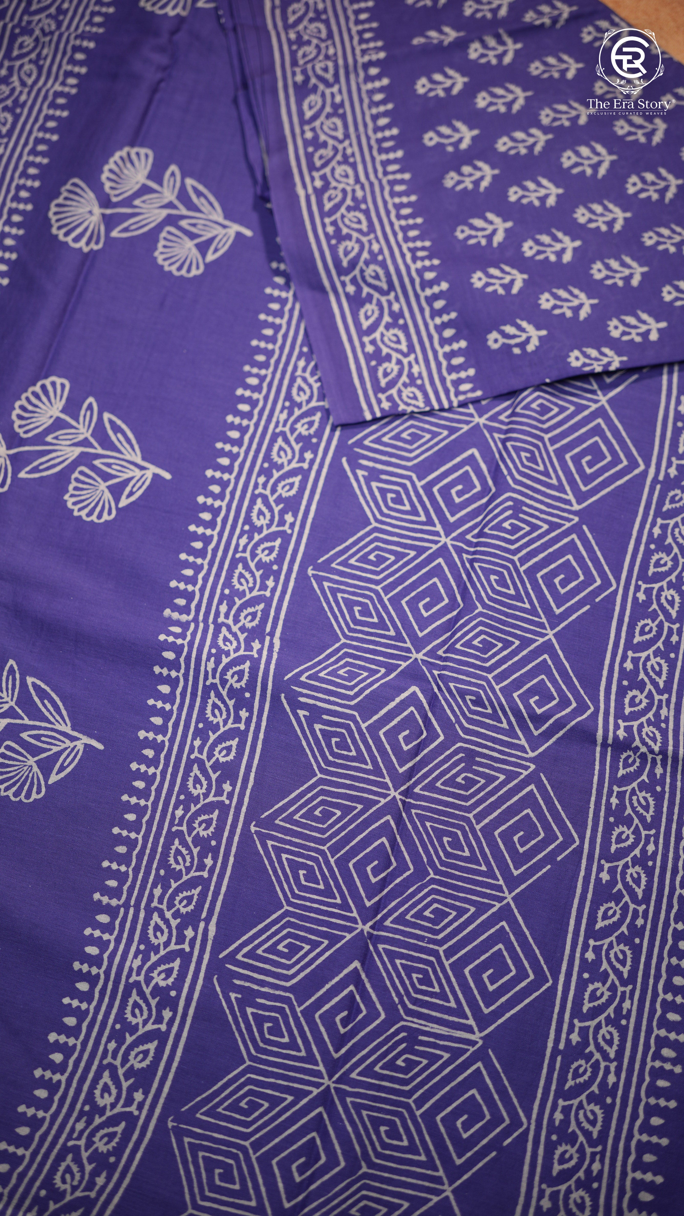 Purple & White Floral Handblocked Pure Mul Cotton Saree