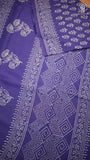Purple & White Floral Handblocked Pure Mul Cotton Saree