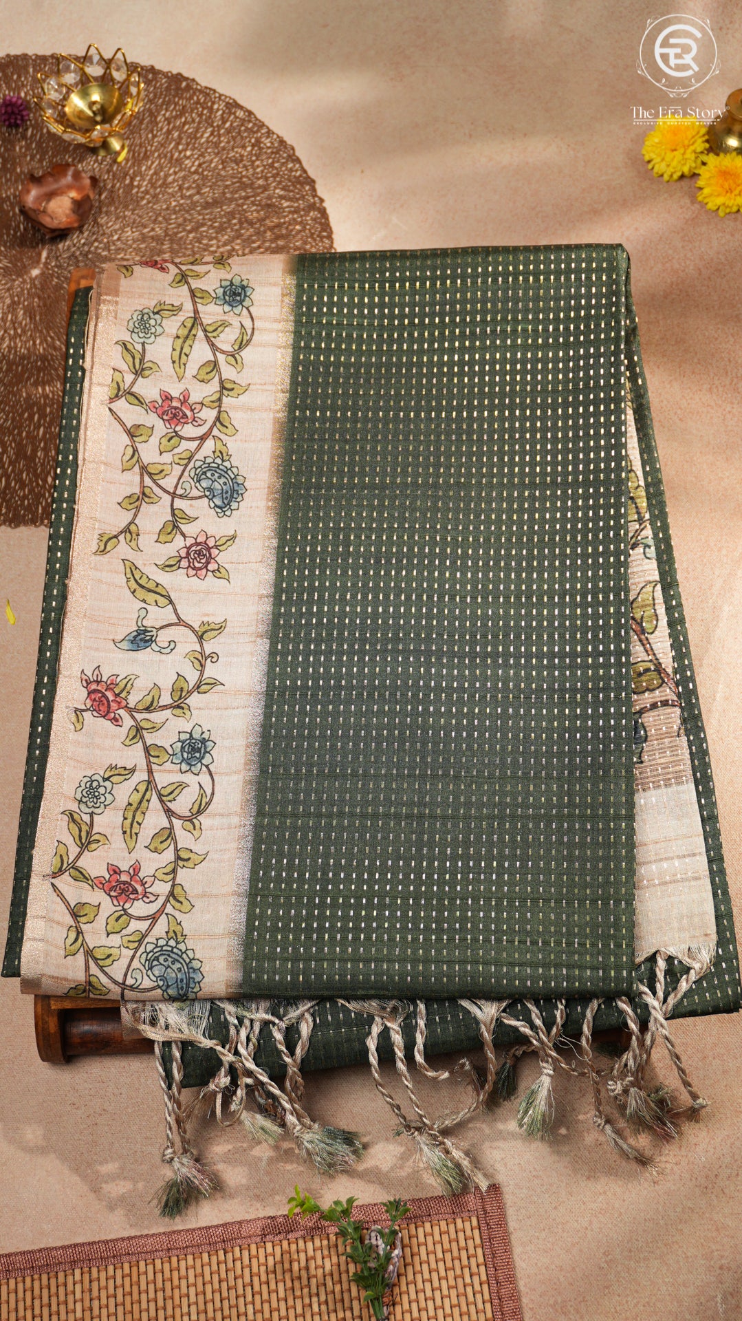 Sage Green & Beige Floral Border Kantha Matka Tussar Silk Saree