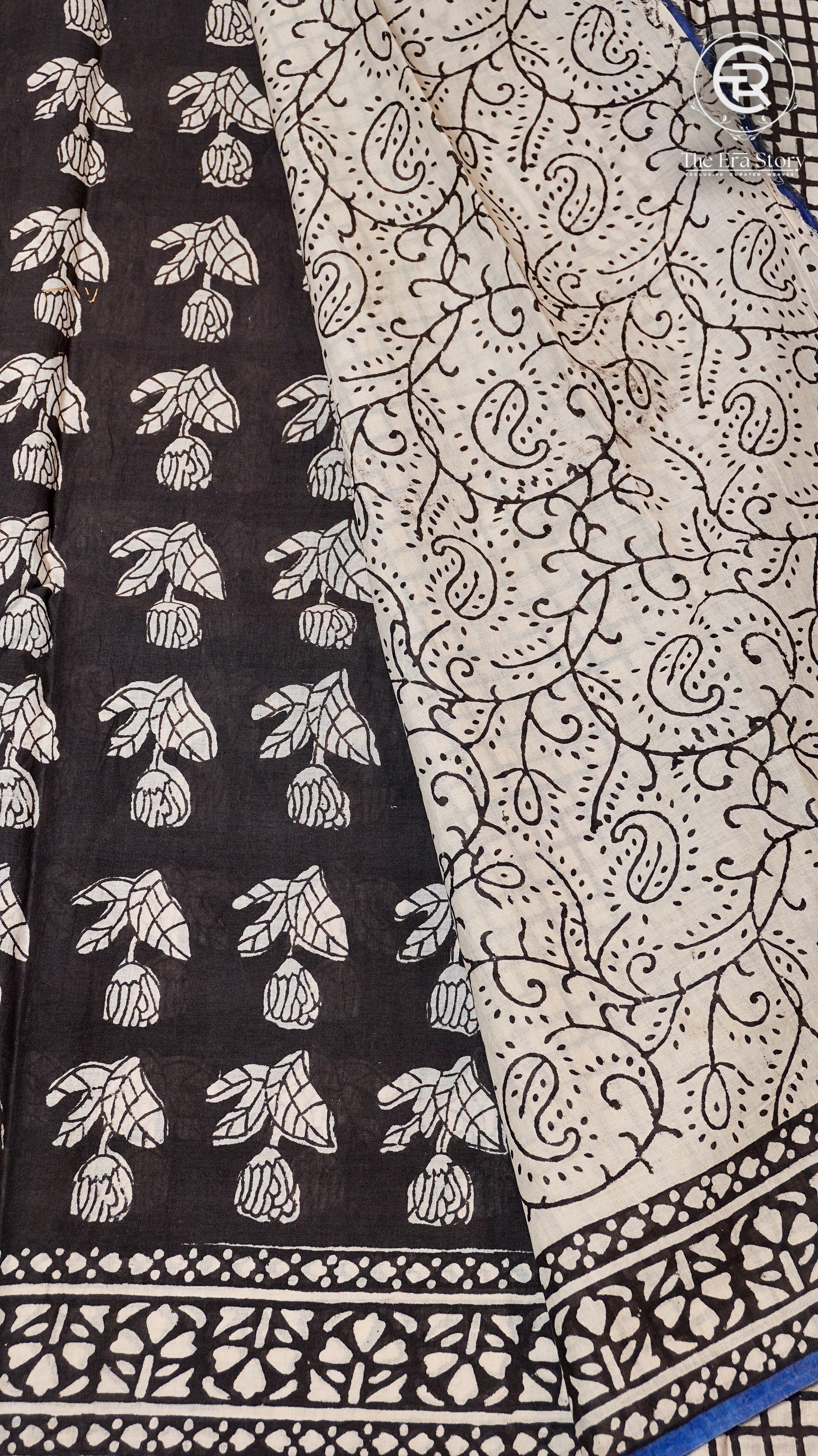 Black and Blue Floral Handblocked Pure Cotton Saree