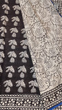 Black and Blue Floral Handblocked Pure Cotton Saree
