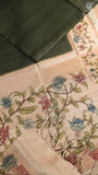 Sage Green & Beige Floral Border Kantha Matka Tussar Silk Saree
