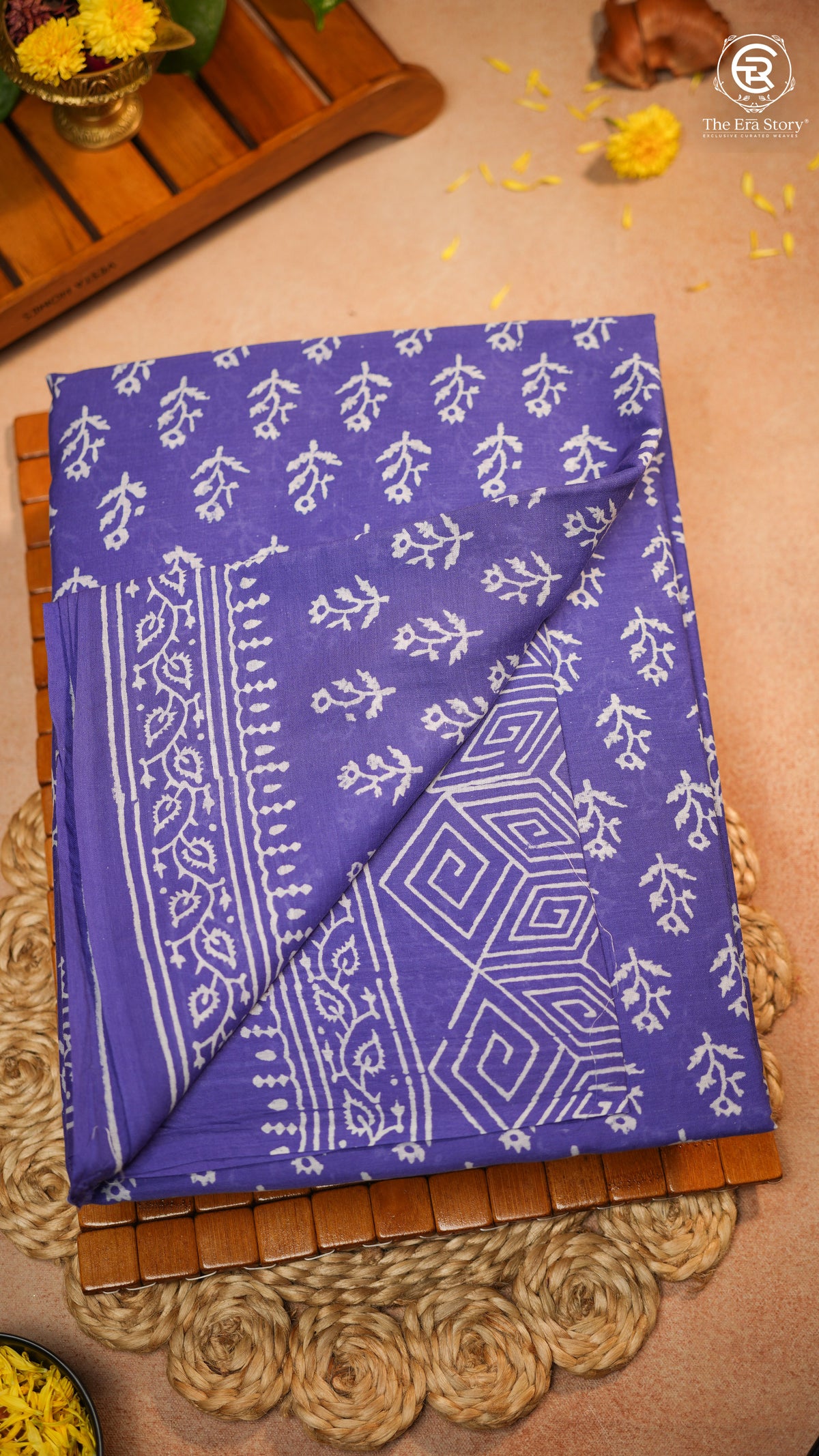 Purple & White Floral Handblocked Pure Mul Cotton Saree