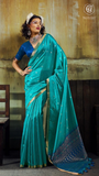Teal Blue & Gold Floral Tussar Silk Saree