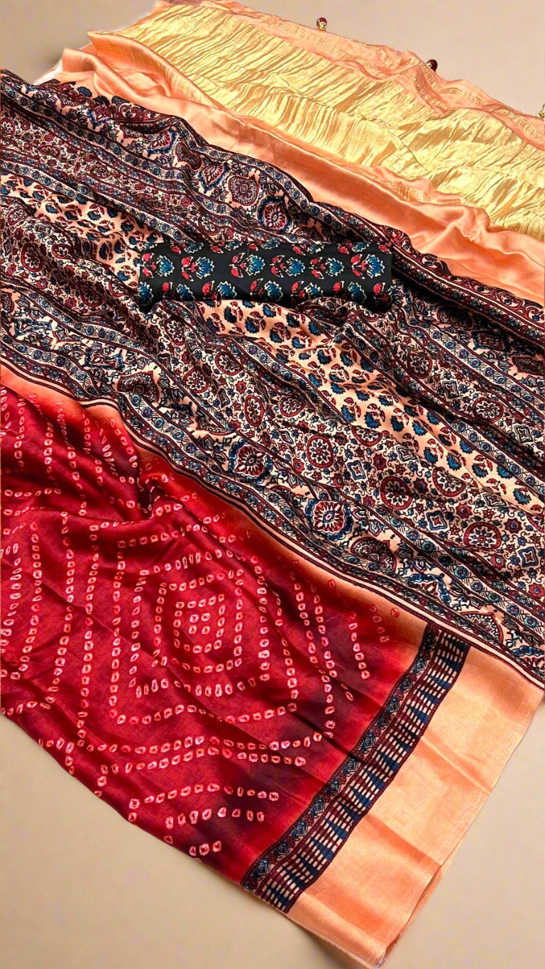 Red and Beige Bandhini Gajji Silk Saree